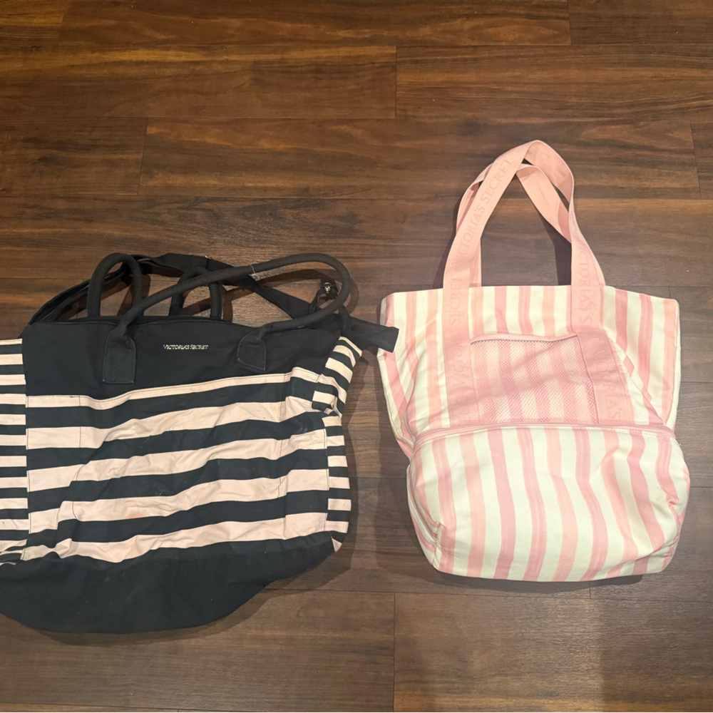 Victoria's Secret Black and Pink Striped Canvas Tote Duo
